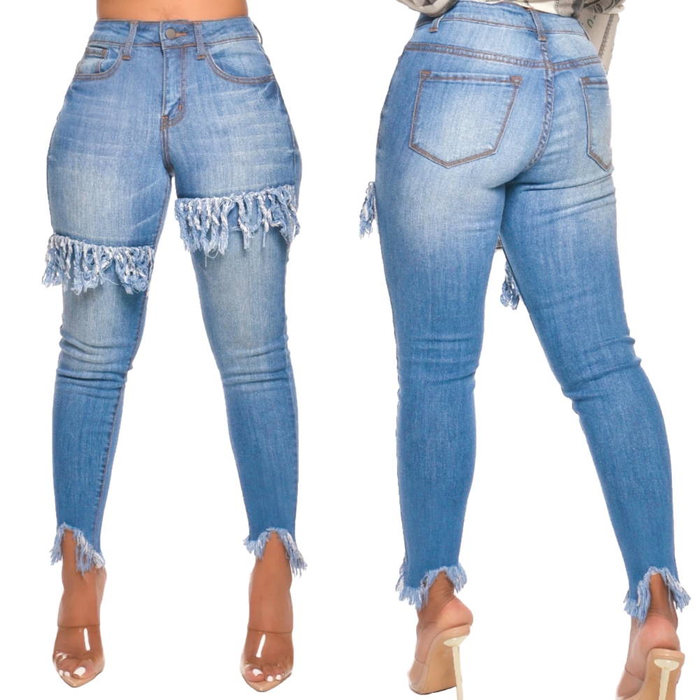 Blue Tassels Tight High Waist Jeans