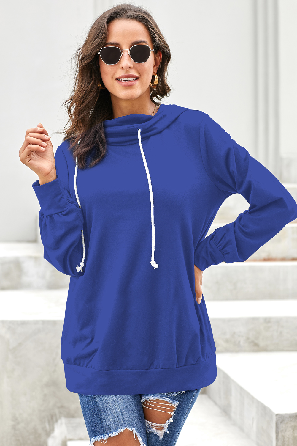 Blue Long Sleeve Hoodie with Rope Drawstring