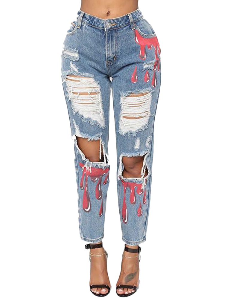 Stylish Blue Print Ripped Damage Jeans