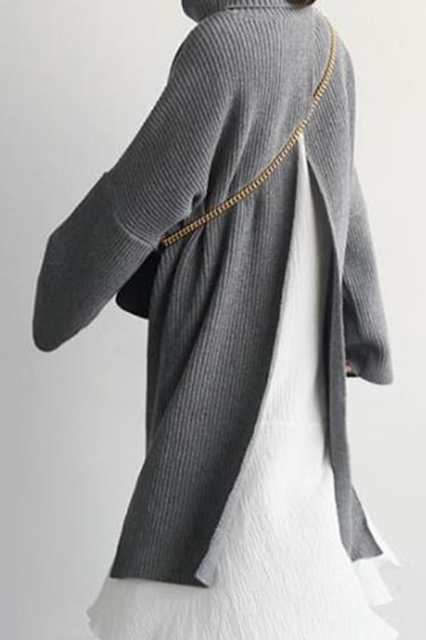 Casual Simple Pure   Color Loose High Collar Knitted Sweater Maxi Dress