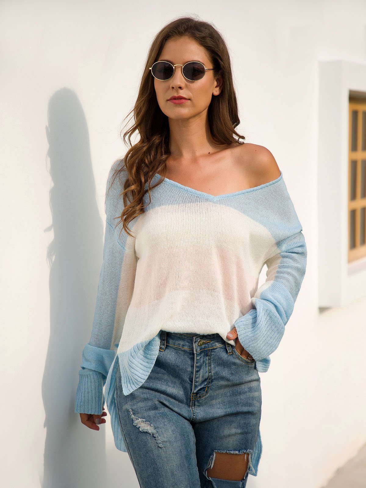 Color-Block Long Sleeve V Neck Shift Sweaters