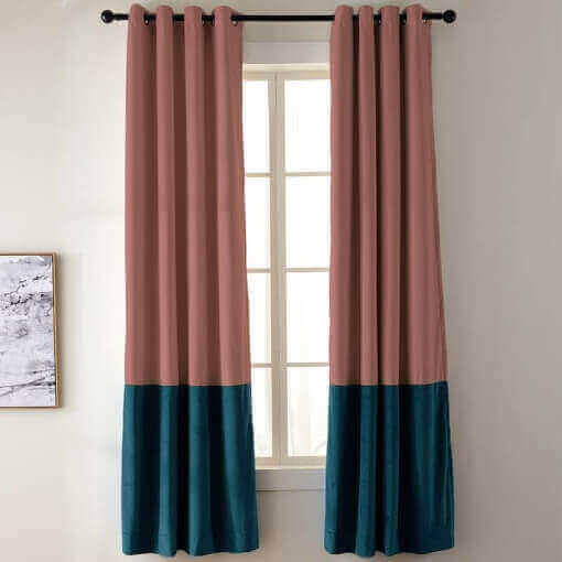 2 Toned Blackout Lined Pieced Patchwork Grommet Velvet Curtain BIRKIN