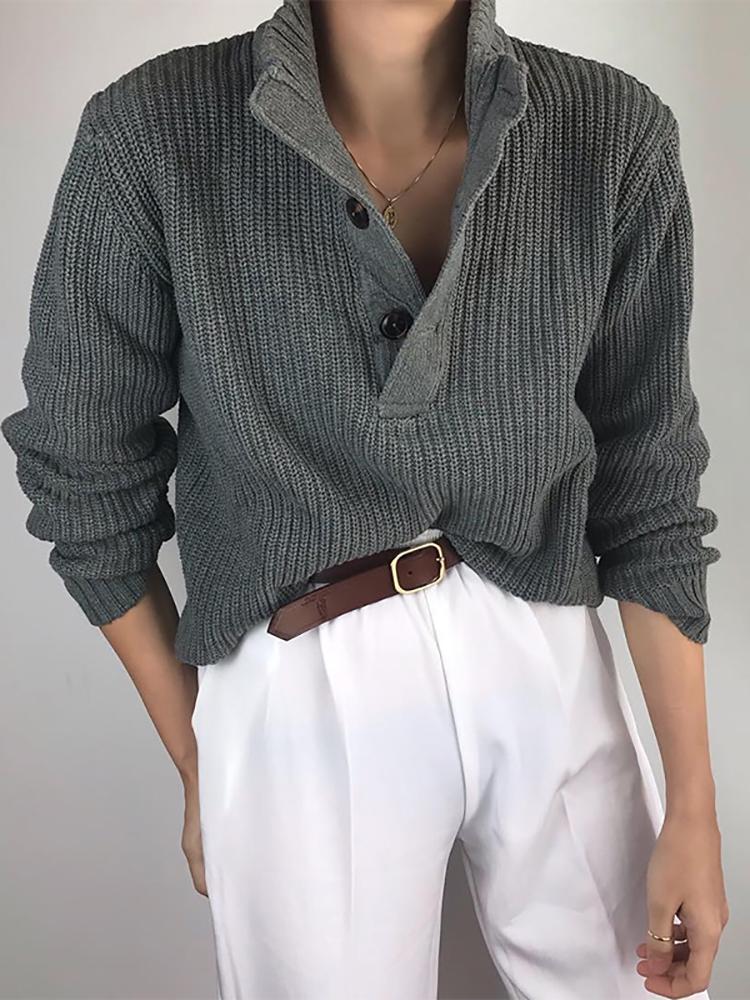 Casual Pure Color Button Tachibana Sweater
