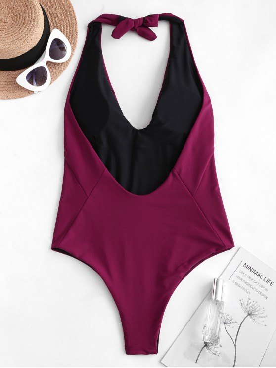 Solid Plunging Neck Halter One-Piece Swimwear