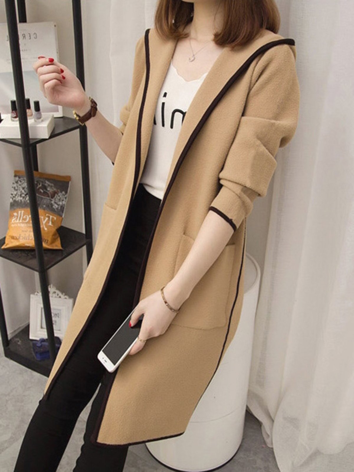 Binding Casual H-line Long Sleeve Hoodie Coat