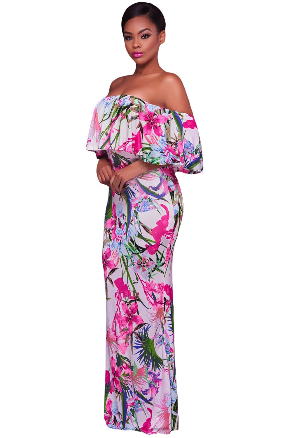 White Pink Floral Print Off Shoulder Maxi Boho Dress