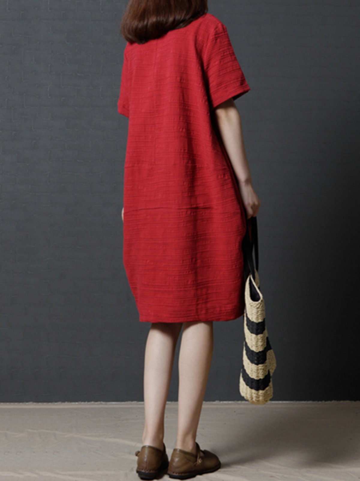 Red Cocoon Short Sleeve Casual Dress