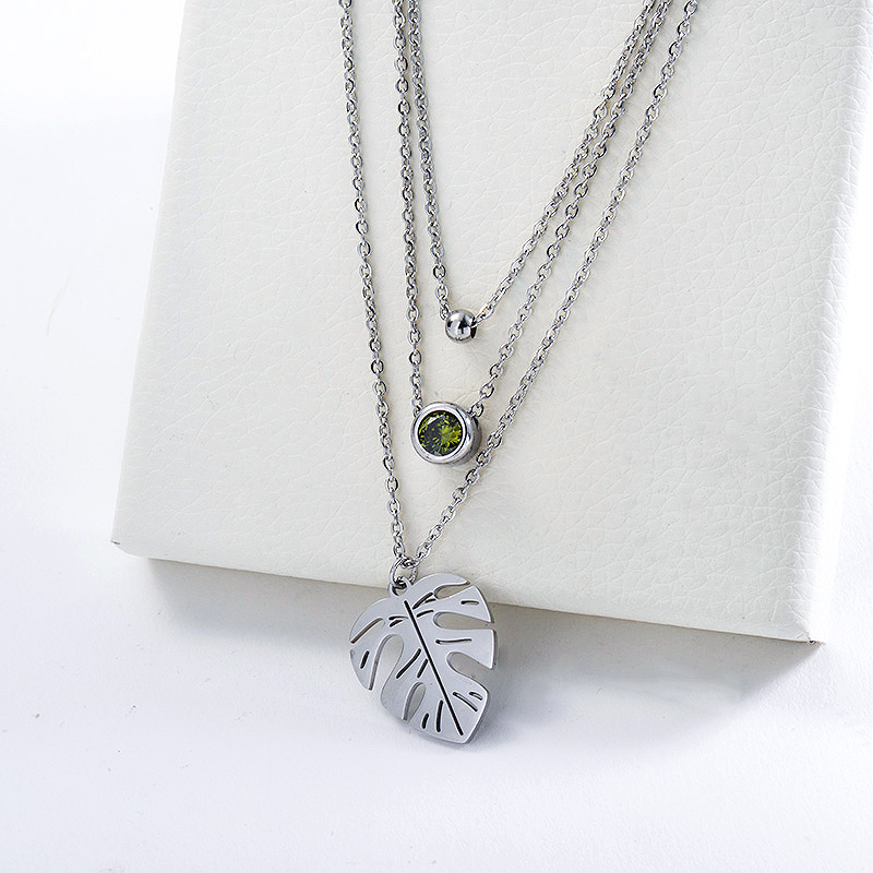 Silver Stainless Steel Monstera Charm Layered Necklace For Women