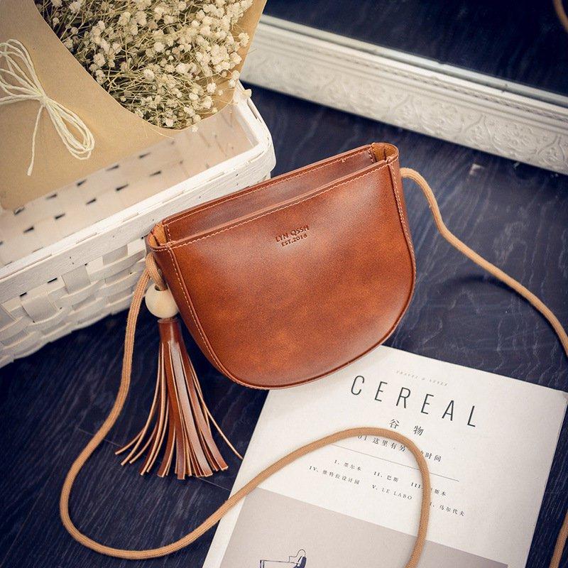 Women Sweet Tassel Oil Leather Crossbody Bag Casual Phone Bag