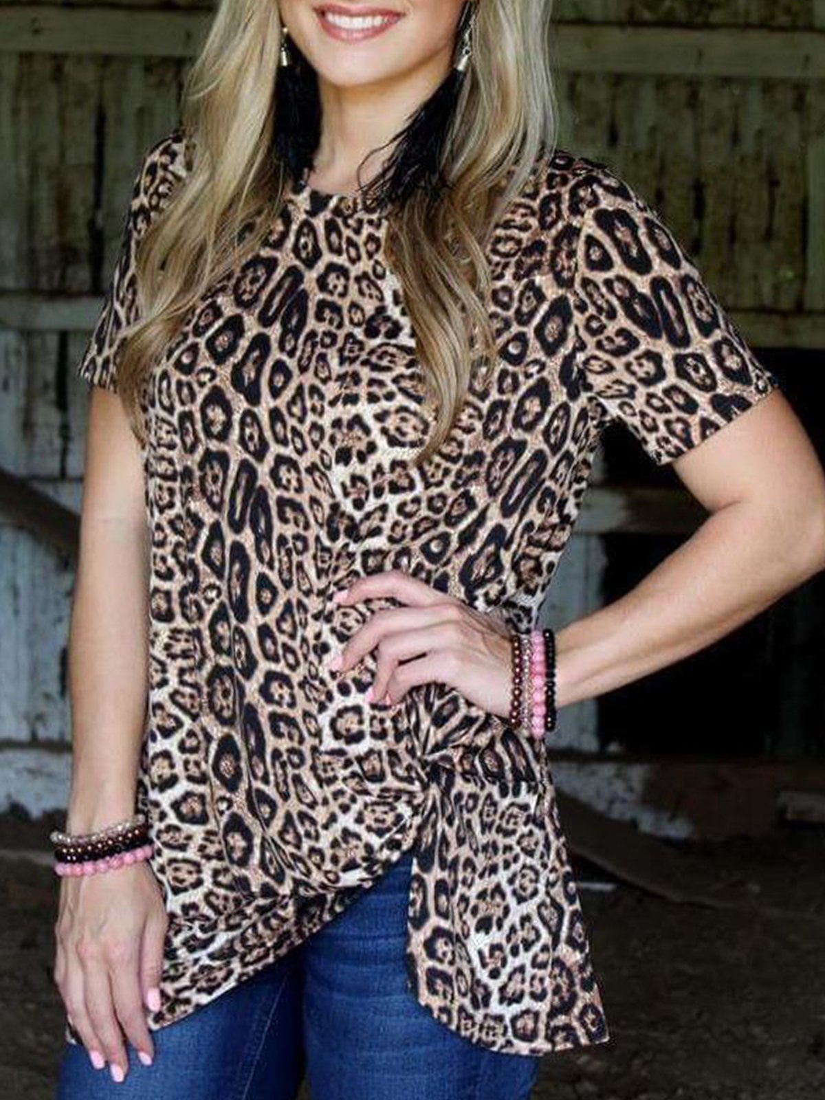Leopard Shift Printed Short Sleeve Shirts & Tops