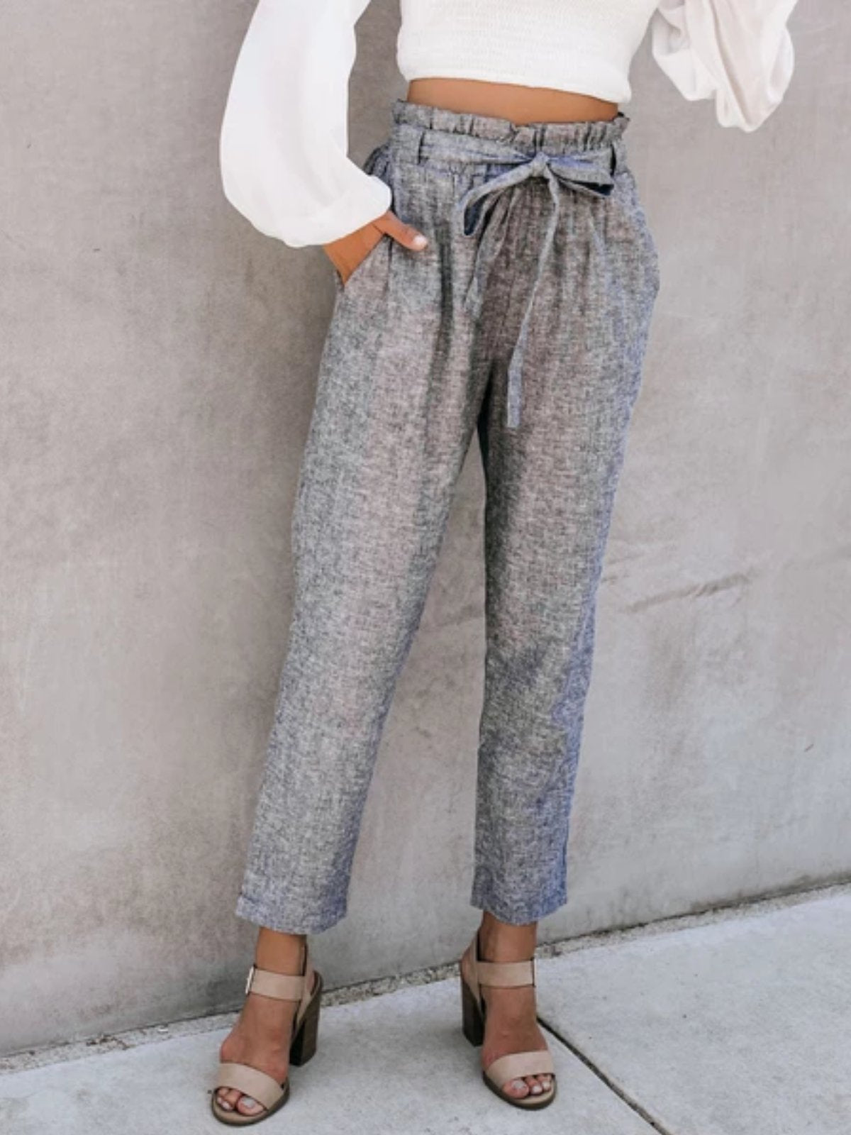 Smoke Gray Cotton-Blend Casual Solid Pants