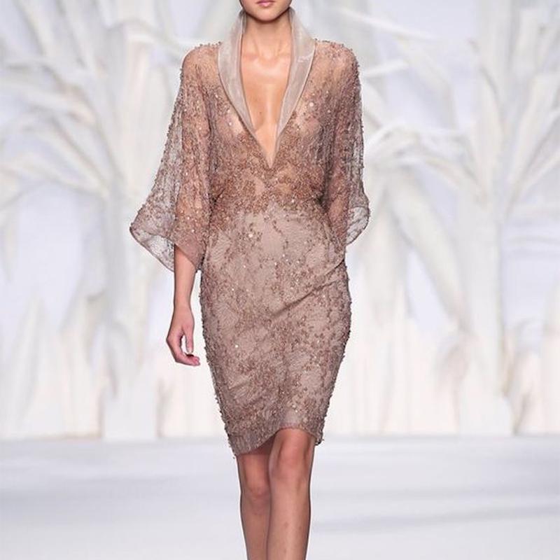 Sexy Deep V Gauze Splicing See-Through Bodycon Dresses