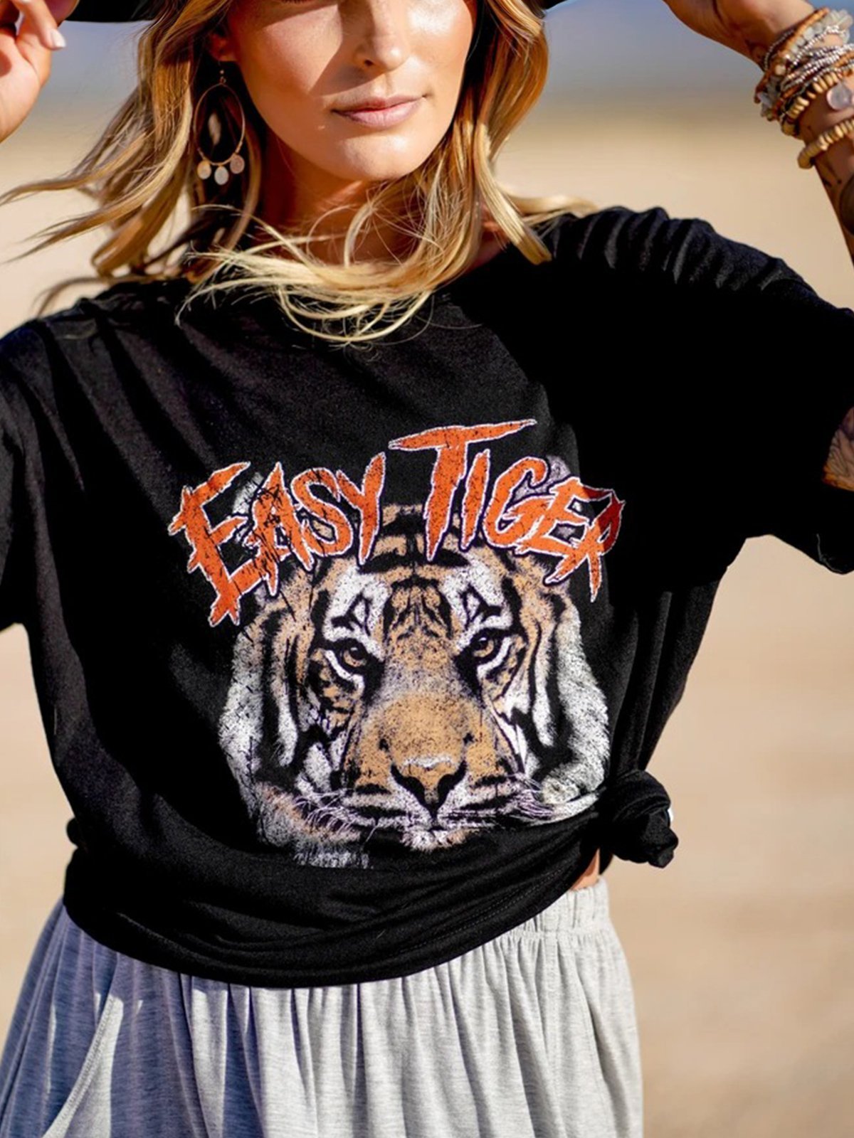 Western style casual plus size loose tiger head print pattern short sleeve round neck T-shirt