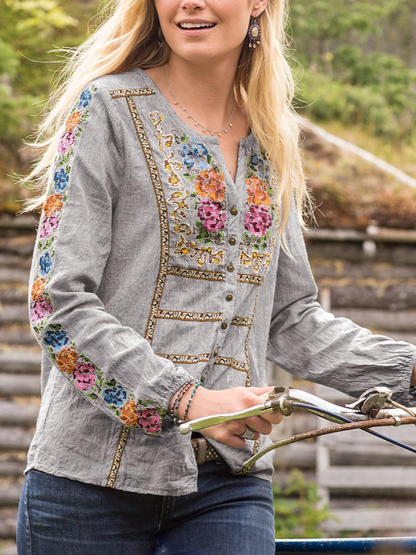 V Neck Long Sleeve Vintage Shirts & Tops