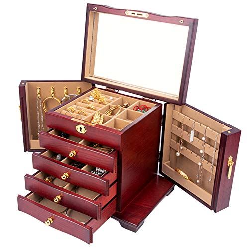 5-layer Wooden lockable Storage Jewelry box with small bulk full mirror for girls