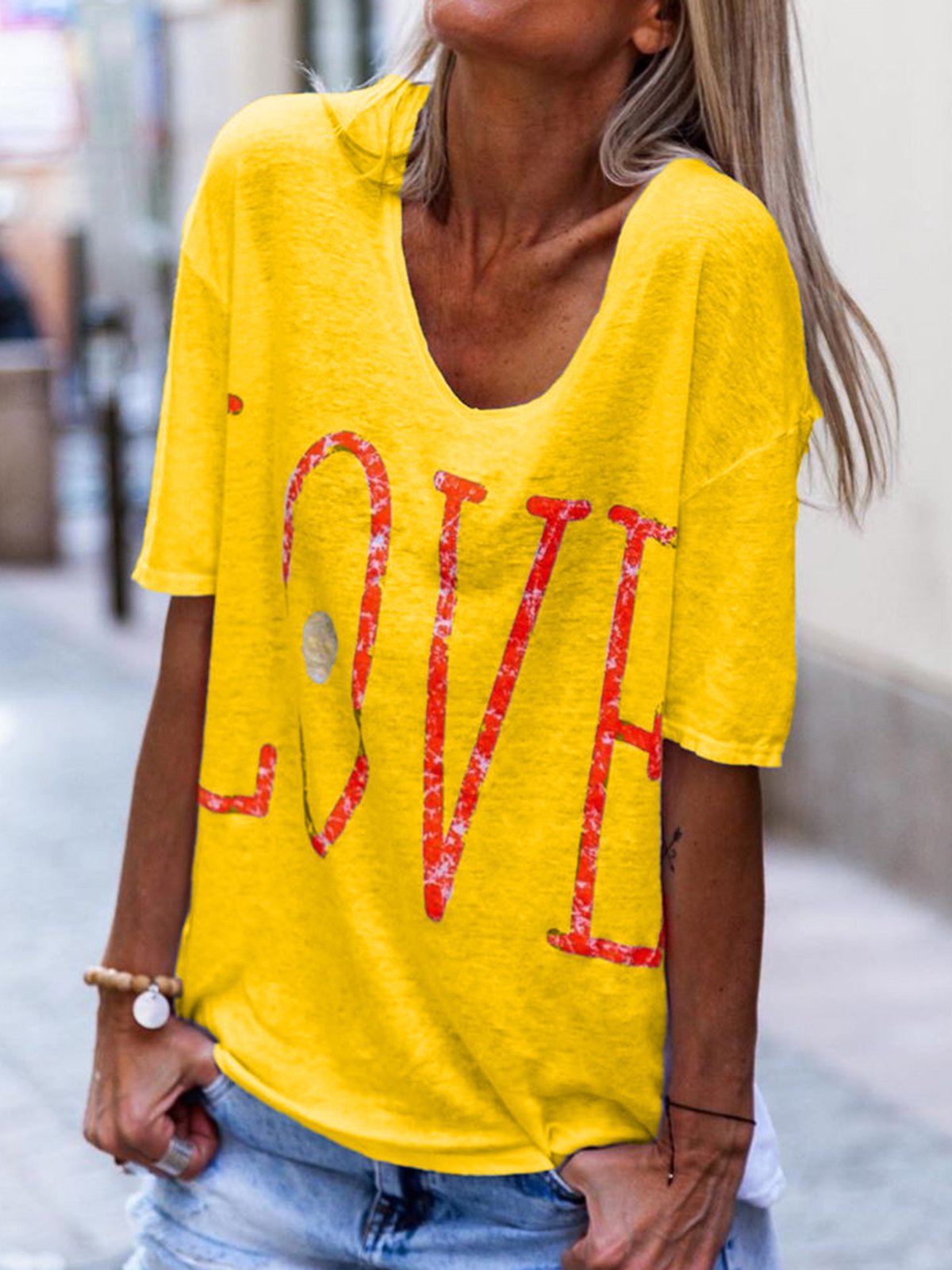 Love Print Round Neck Short Sleeves Casual T-Shirts