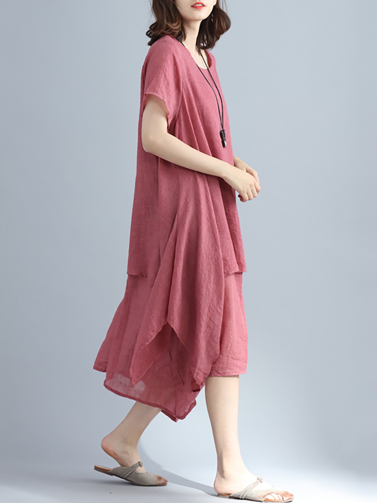 Crew Neck Women Casual Dress A-line Daily Basic Tiered Dress