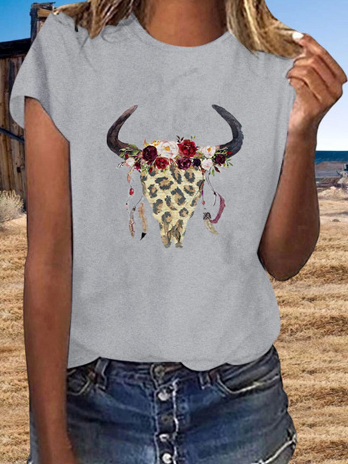 Vintage Short Sleeve Boho Horns Floral Printed Plus Size Casual Tops