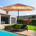 KITADIN 9FT Patio Umbrella Thatched Tiki Outdoor Umbrella with Plug Tropical Hawaiian Style Grass Beach Umbrella with Crank Lift Natural (No Base)