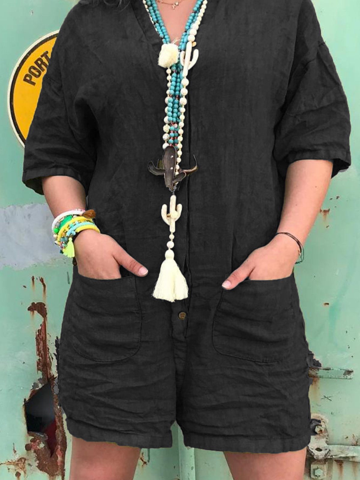 Plus Size Casual Solid V Neck Half Sleeve Pockets Jumpsuits