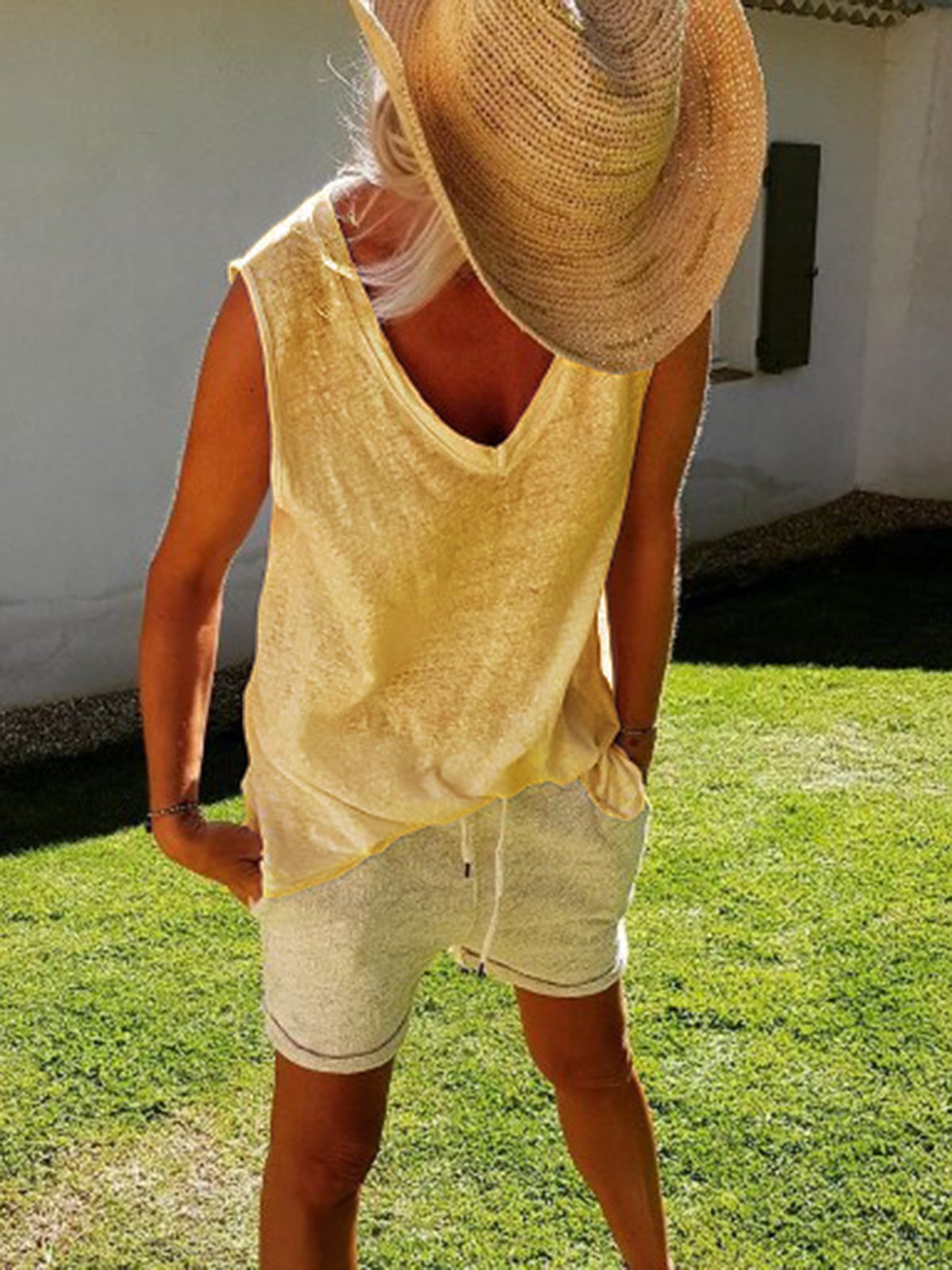 Cotton-Blend Casual V Neck Shirts & Tops