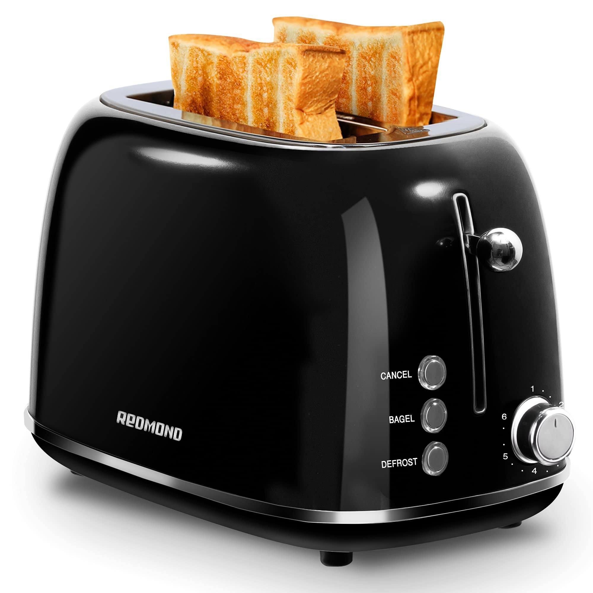 Redmond 2 Slice Toaster Retro Stainless Steel Toaster with Bagel, Cancel, Defrost Function and 6 Bread Shade Settings Bread Toas