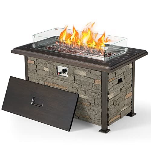 Vicluke 44 Inch Aluminum Propane Fire Pit Table with Faux Ledgestone, Hand-Painted Table Top, 50,000 BTU Gas Fire Table with CSA Certification, Wind Guard, Waterproof Cover for Outdoor, Patio (Gray)