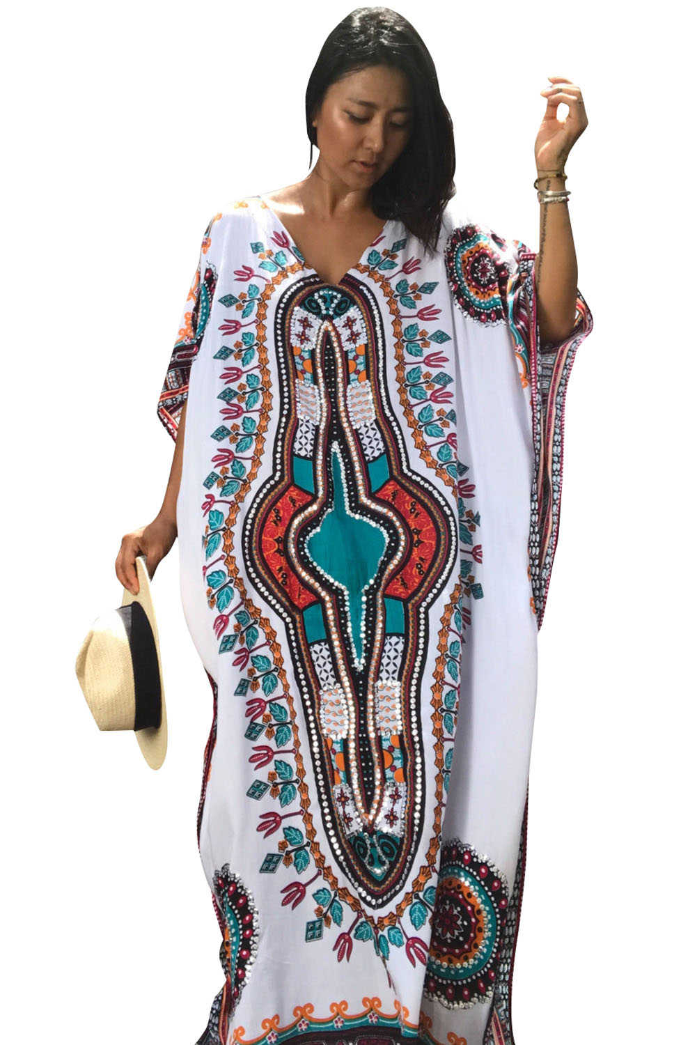 White Ethnic Print Kaftan Maxi Dress