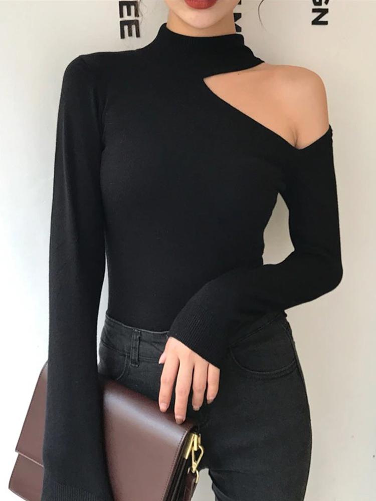 Vintage Pure Colour Off-Shoulder Halter Knitwear