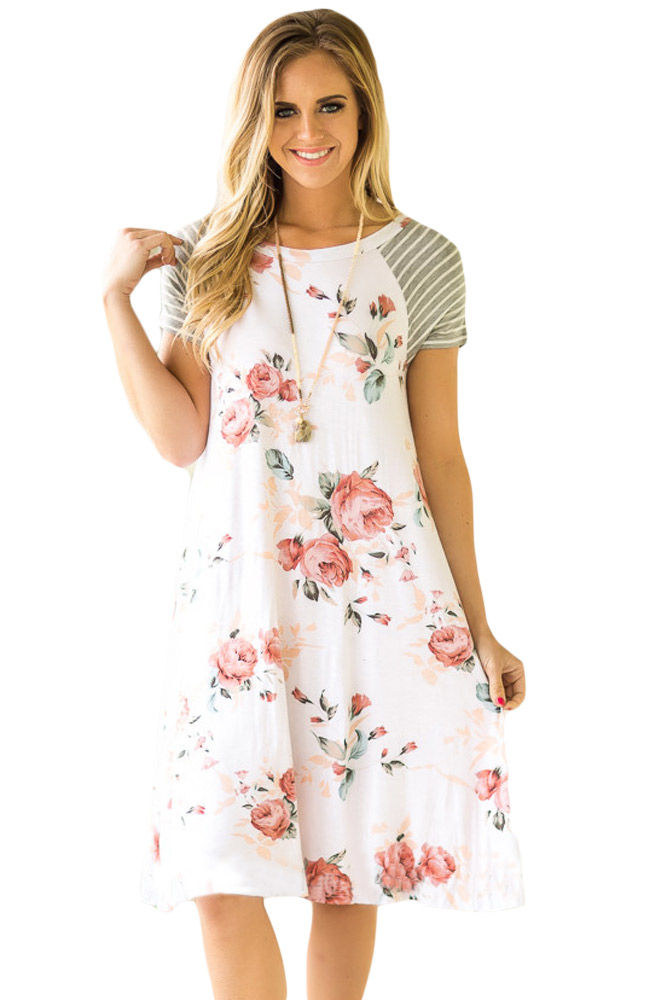 White Backdrop Floral Print A-line Loose T-shirt Dress