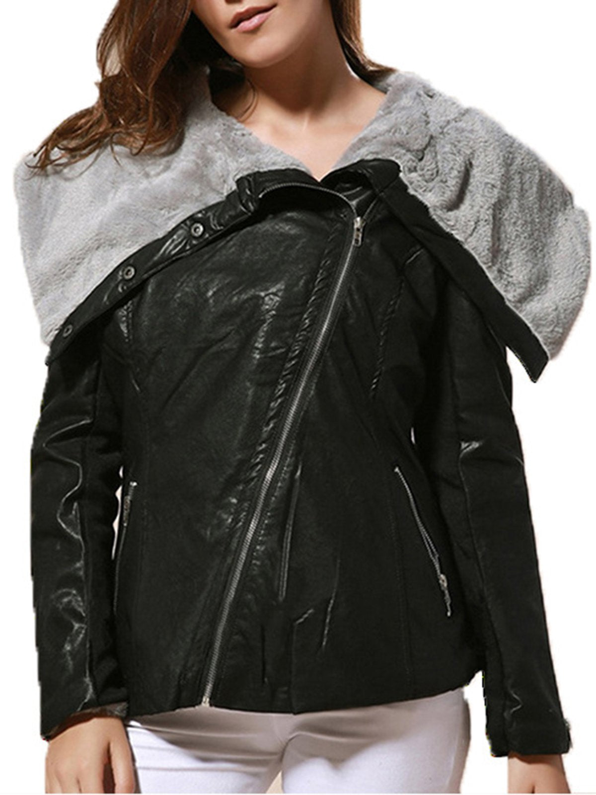 Shawl Collar Zipper Faux Fur Long Sleeve Jackets