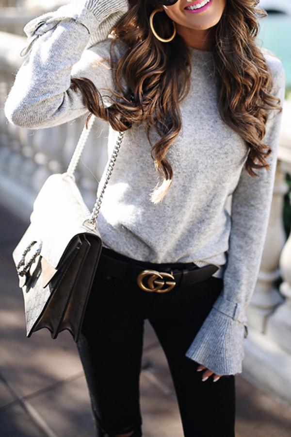Trumpet Sleeve Solid Color Soft Elastic Sweater