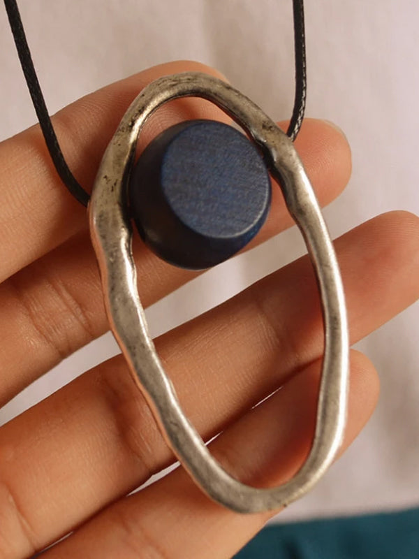 Geometric ancient silver oval wooden bead sweater chain