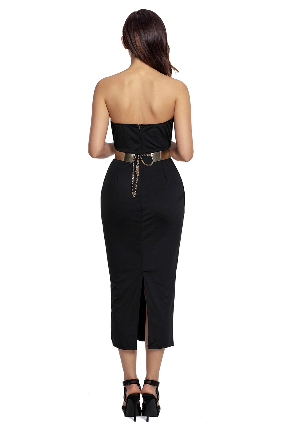Black Sexy Strapless V-neck Side Slits Tube Midi Dress
