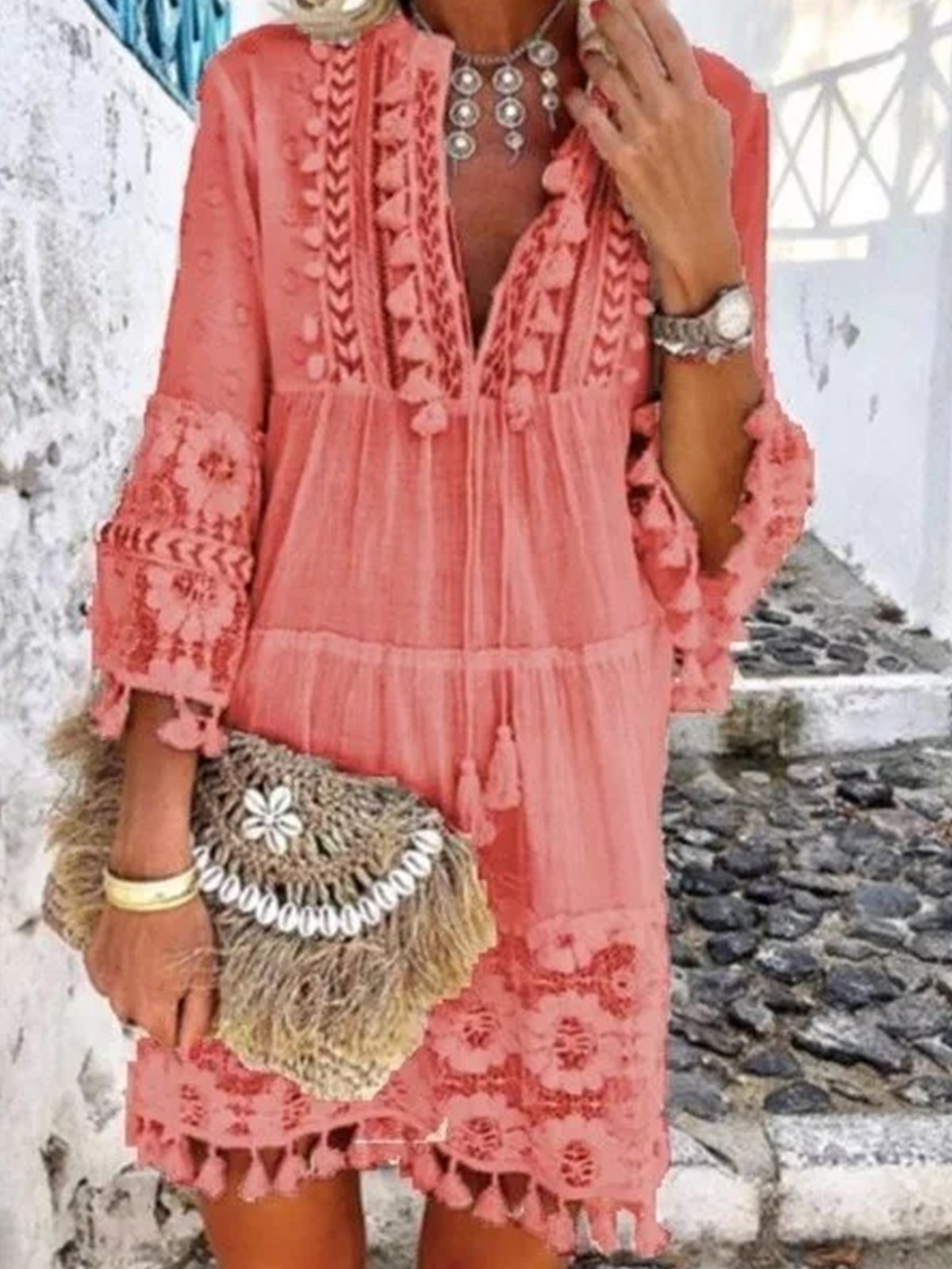 3/4 Sleeve V Neck Holiday Boho Dresses