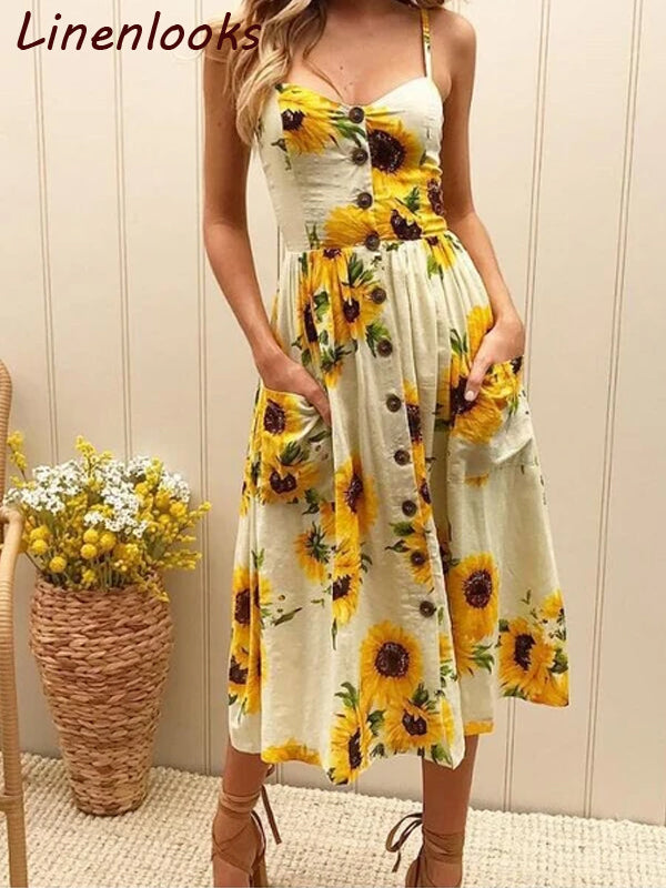 Sexy Summer Button Beach Boho Bohemian Dress