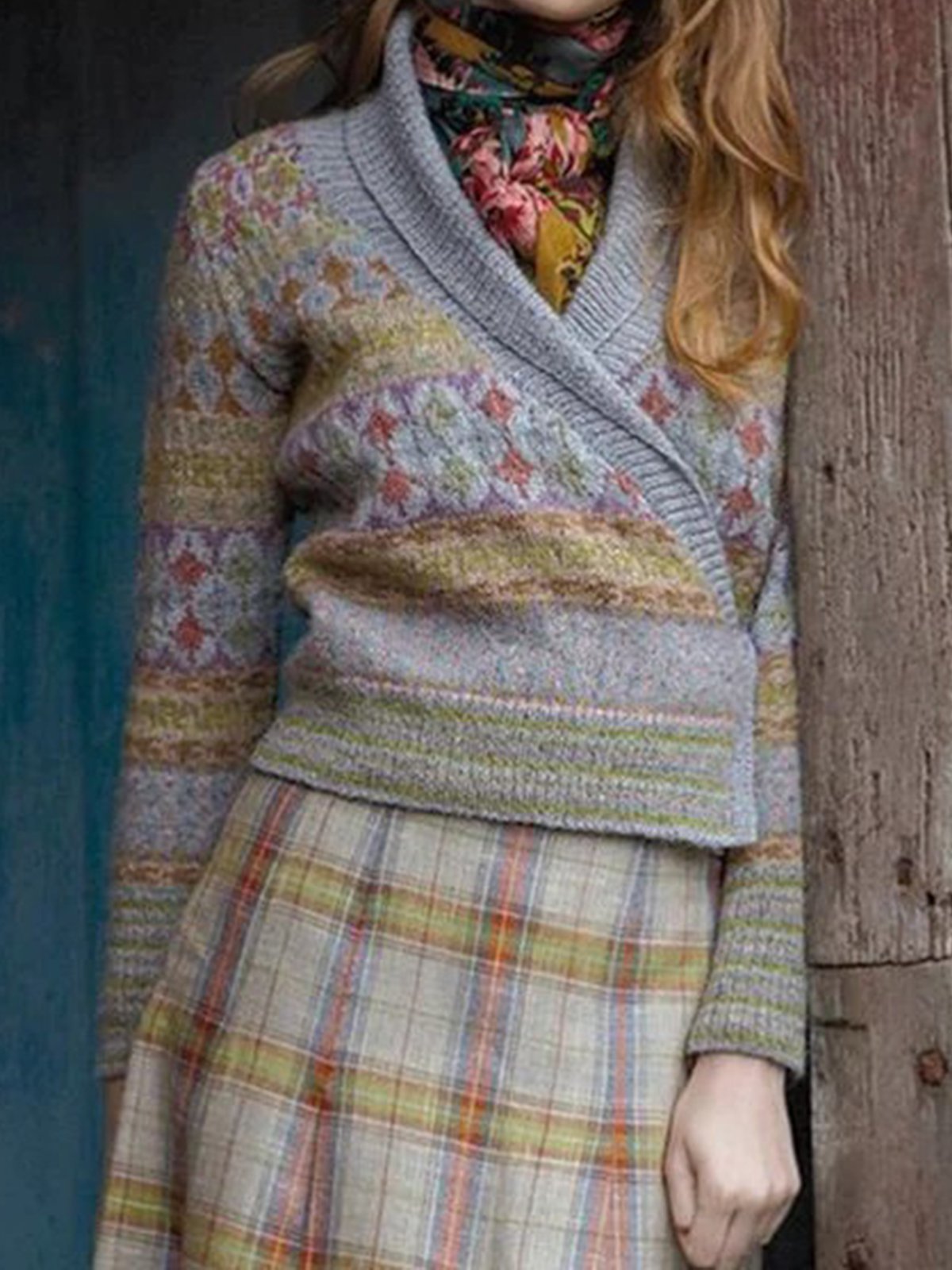 Long Sleeve Shawl Collar Floral Vintage Sweaters