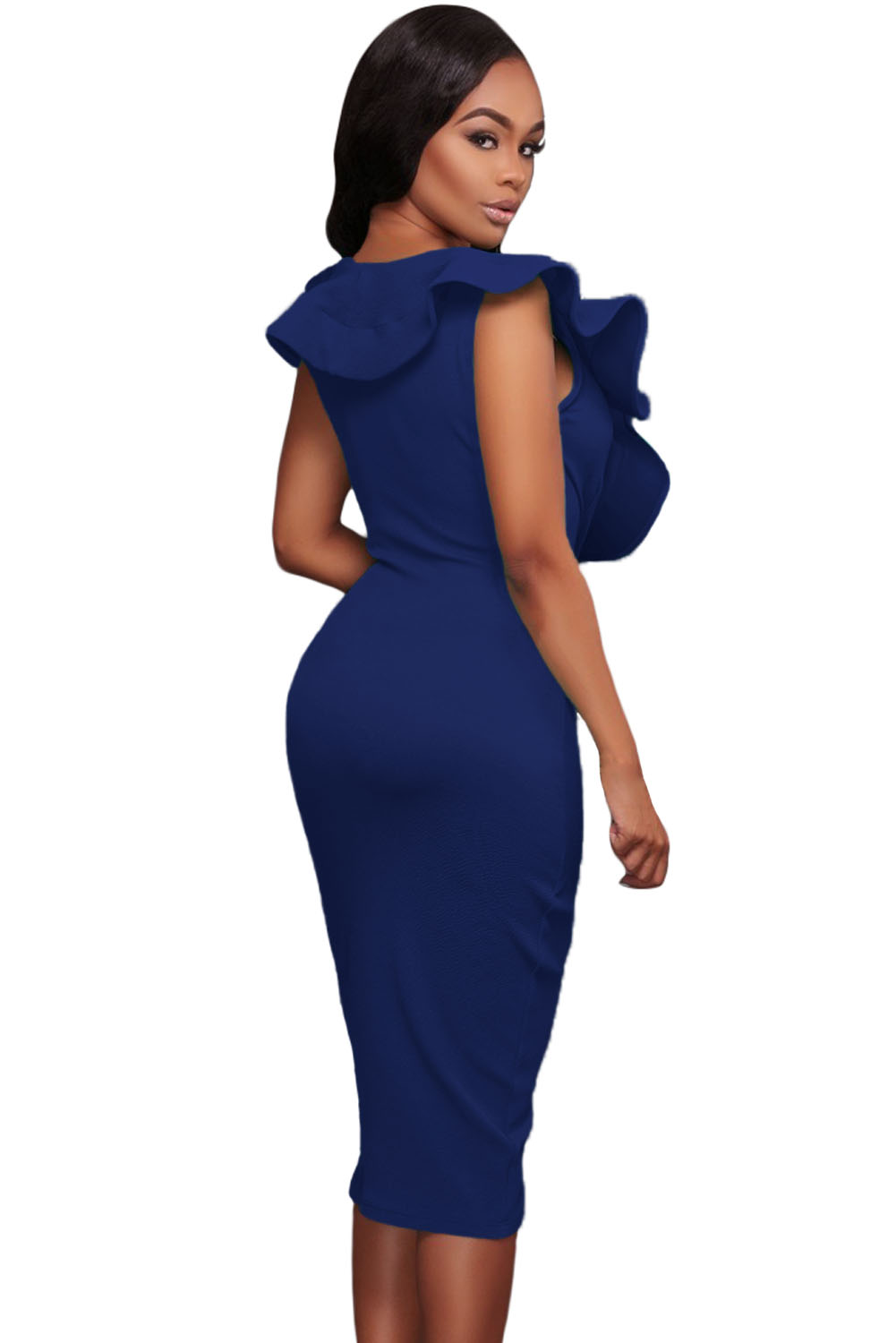 Blue Ruffle V Neck Bodycon Midi Dress