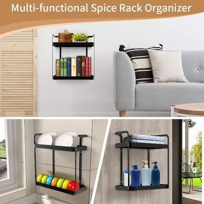Spice Rack Organizer for Cabinet Countertop 2 Tier Wall Mount Seasoning Shelf Storage Holder Stainless Steel for Kitchen, Pantry