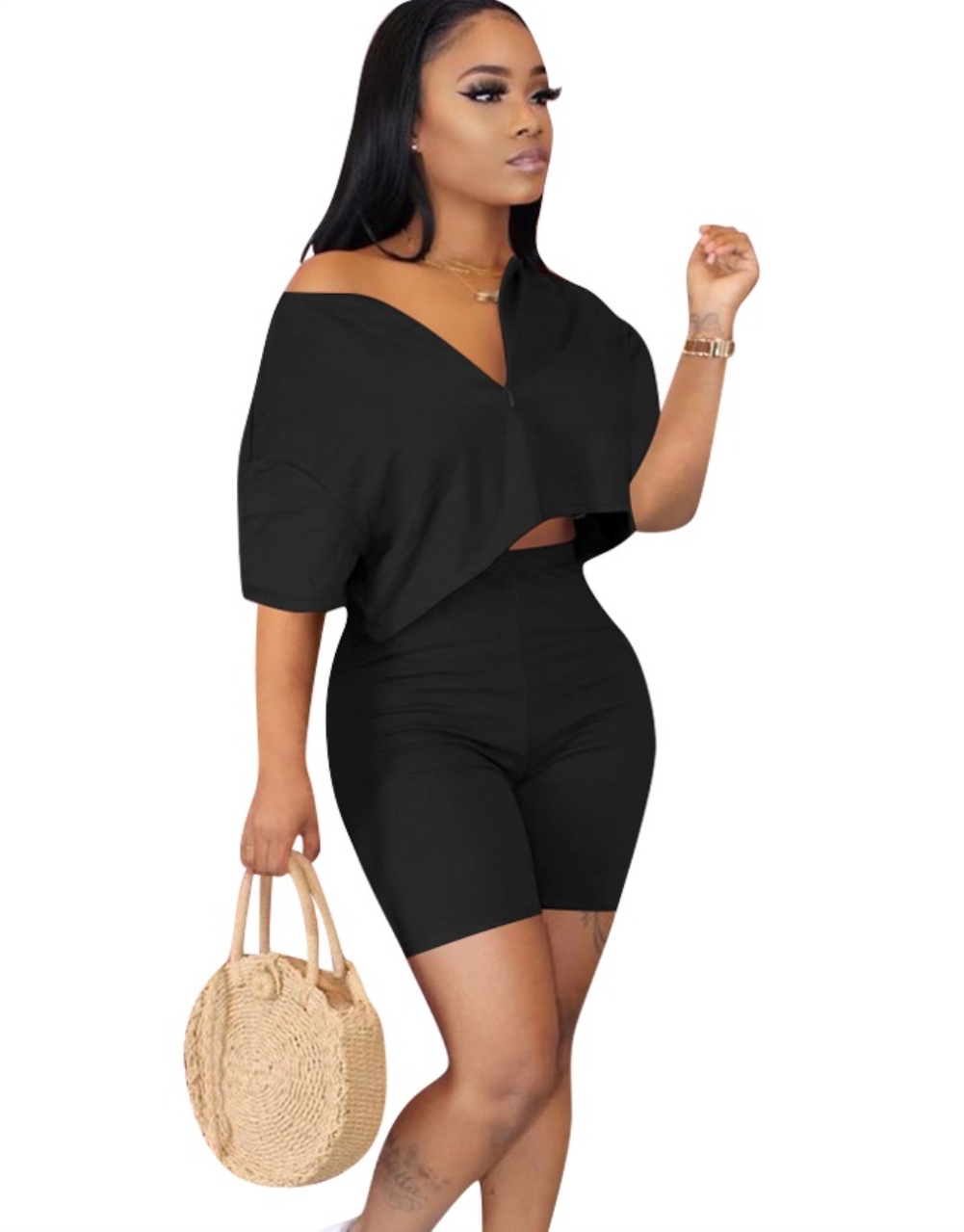 Summer Zipper Crop Top and Biker Short Set