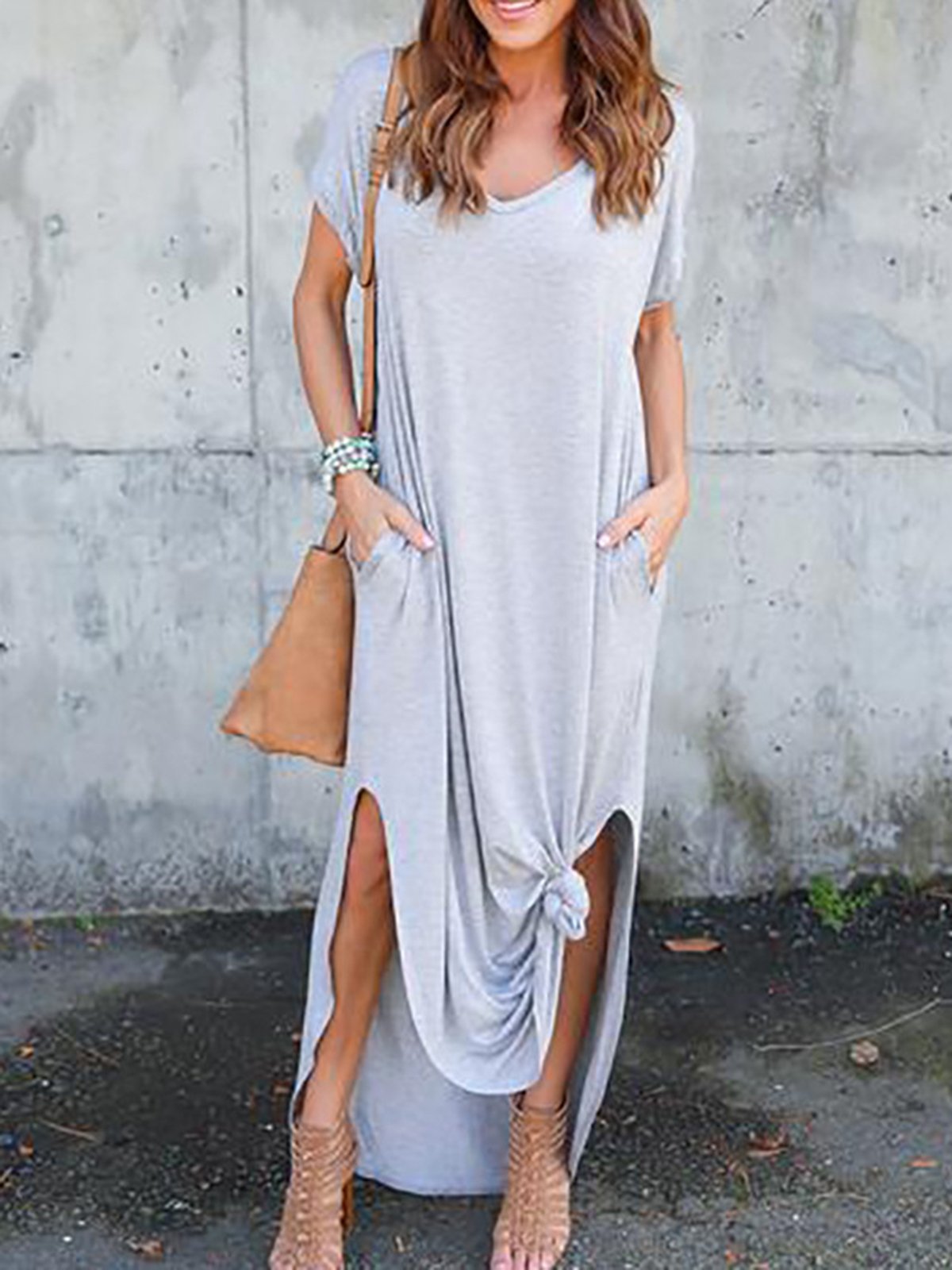 Casual Solid Slit Short Sleeve Crew Neck Maxi Dress