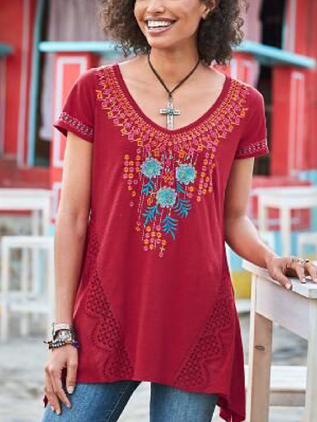 Cotton-Blend Short Sleeve Embroidered Shirts & Tops