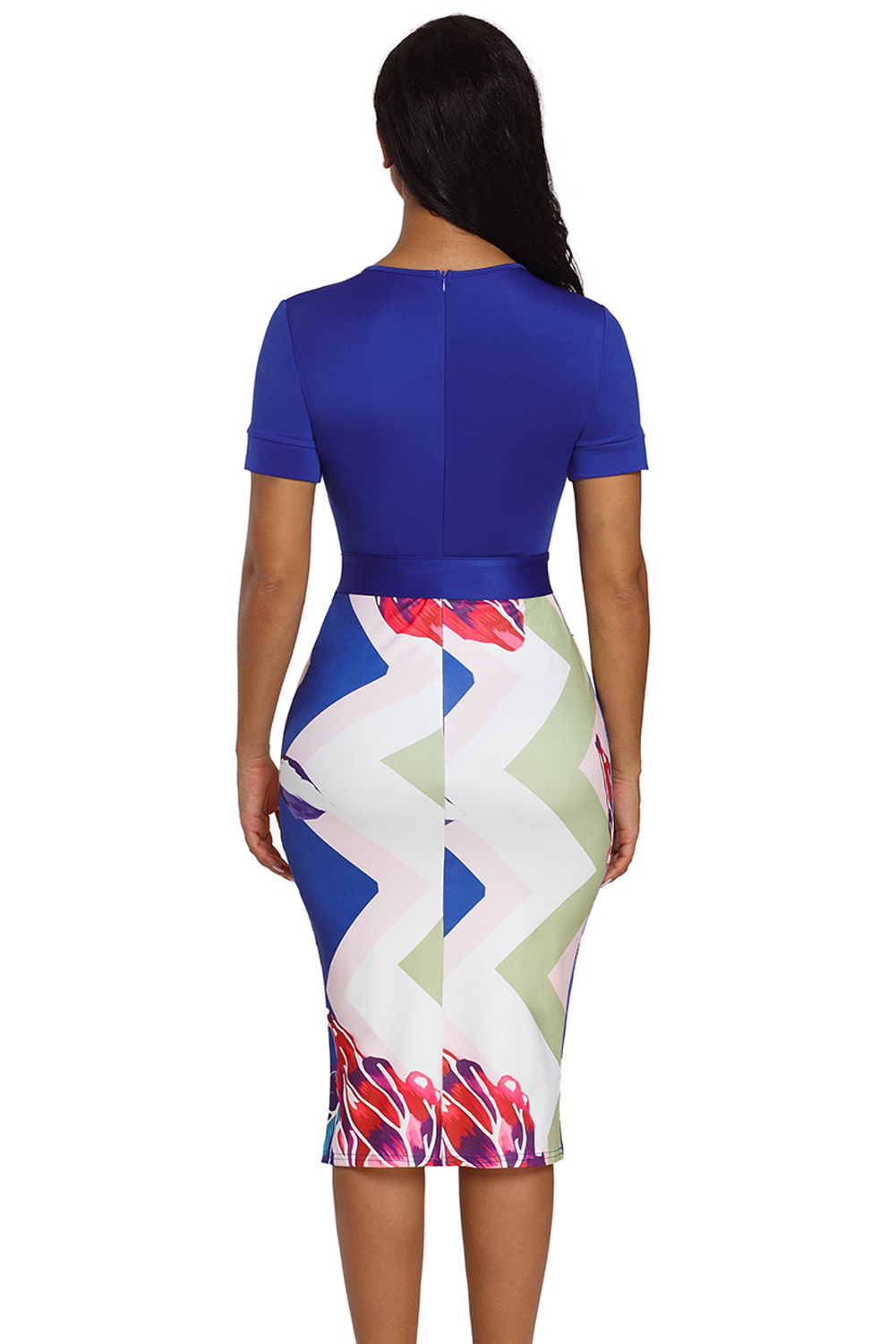 Blue Bowknot Short Sleeve Printed Sheath Dress