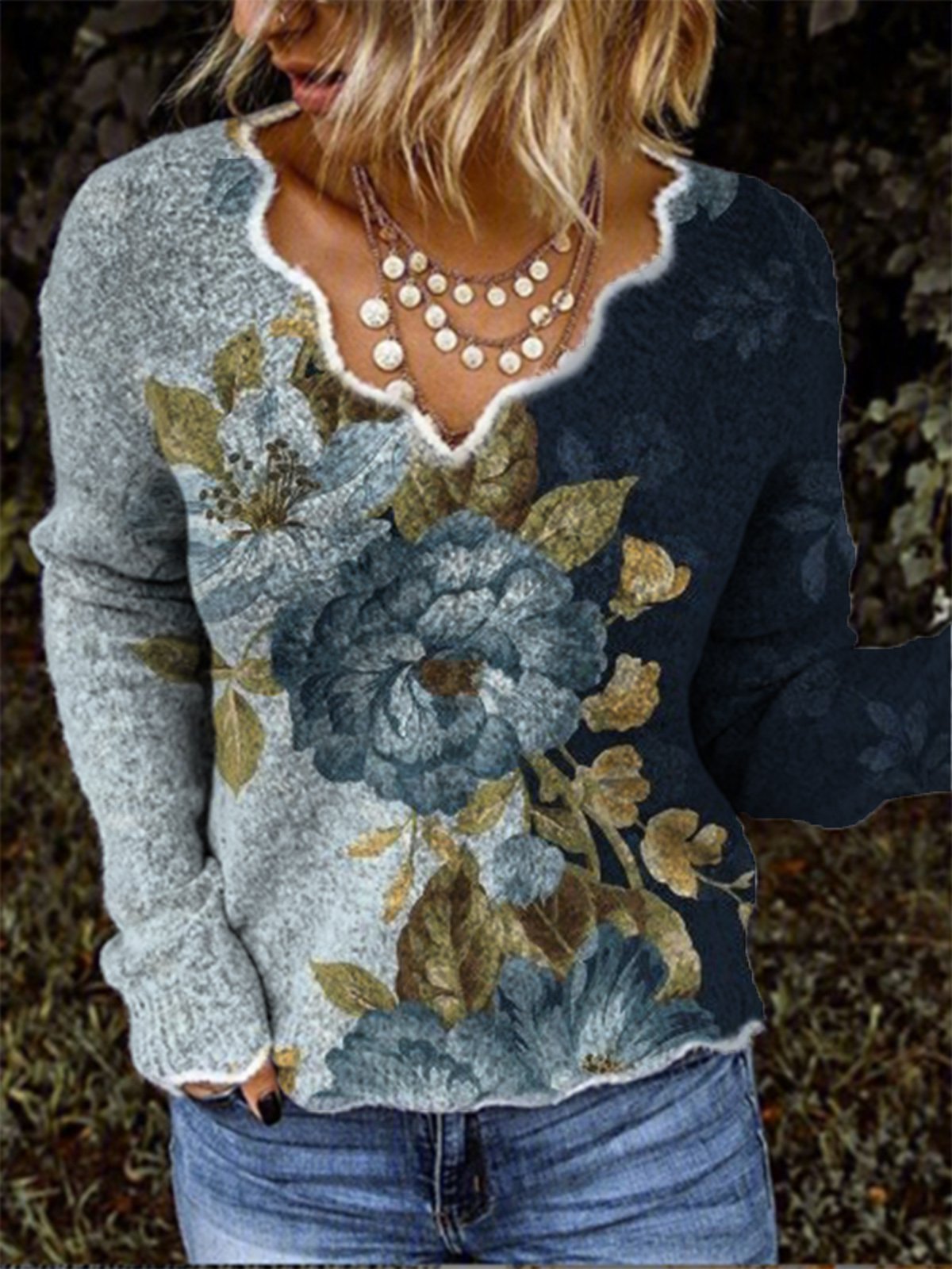 Long Sleeve Crew Neck Floral Boho Shirts & Tops