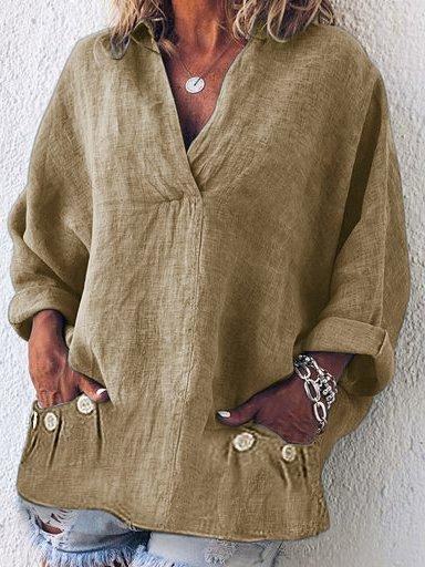 Women V Neck Thin Summer Linen Plus Size Casual Loose Tops
