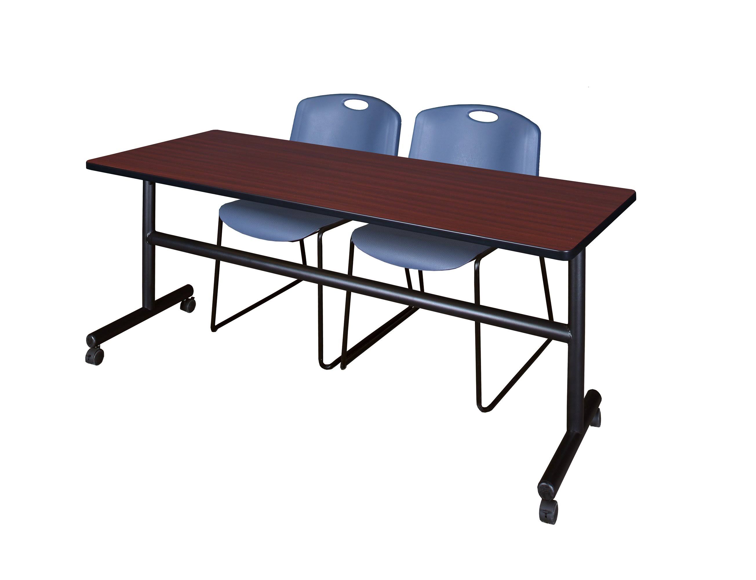 Regency Kobe 72x22 Flip Top Mobile Training Table- Mahogany 2 Zeng Stack Chairs- Blue