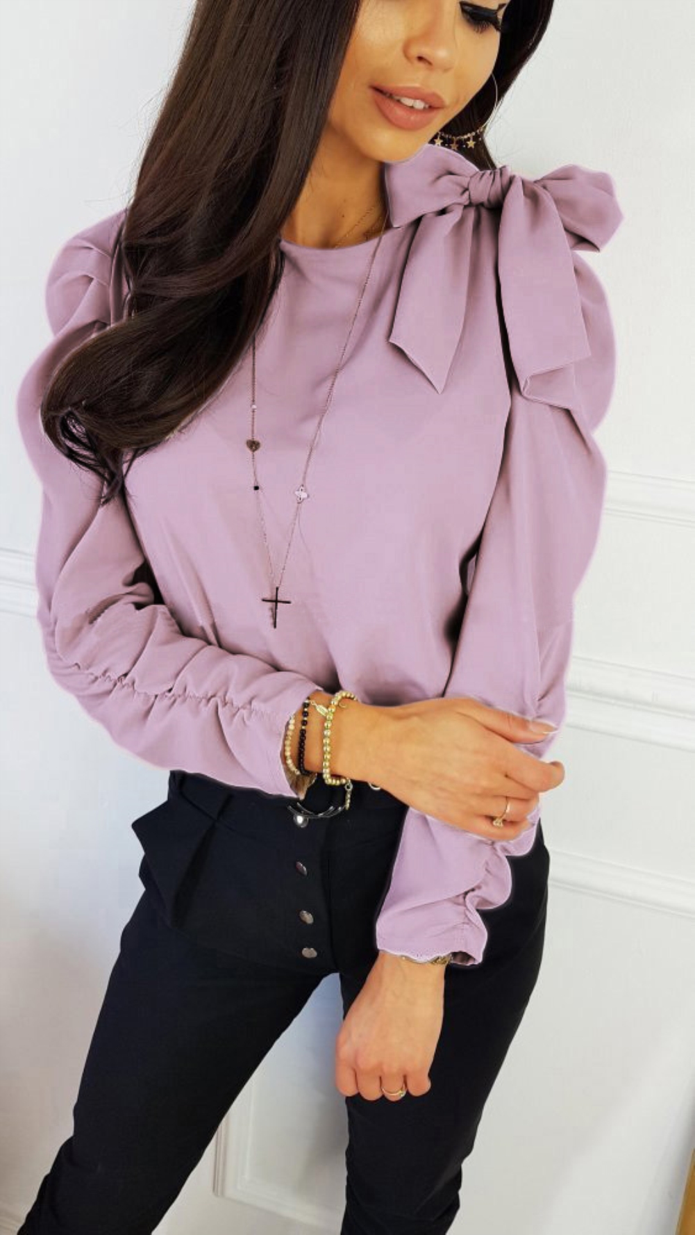 Solid Color Round Neck Shirt with Ruch Sleeves