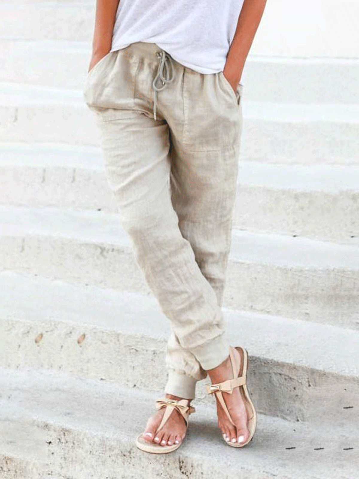 Solid Drastring Casual Linen Pants Women Trousers