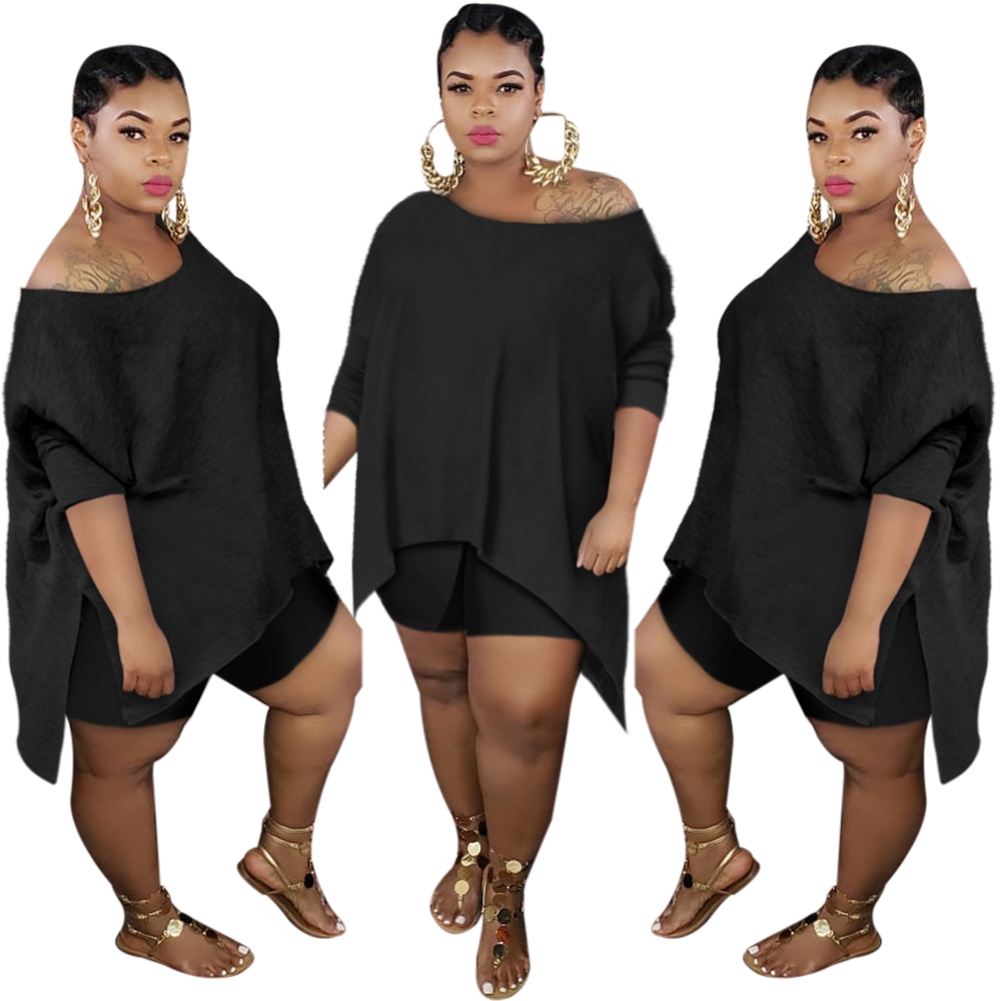 Plus Size Solid Color Two Piece Shorts Set