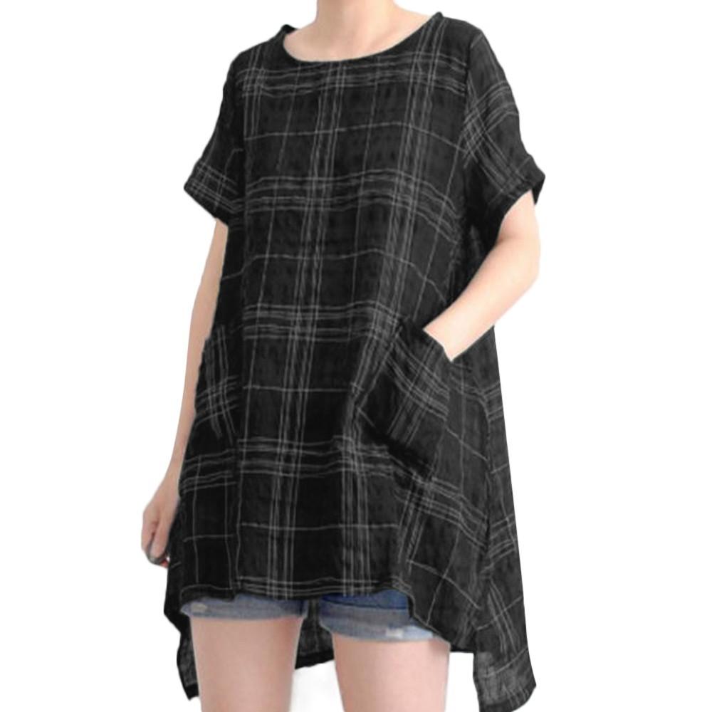 Women Casual Loose Tops Tunic Plaid Blouse Shirt